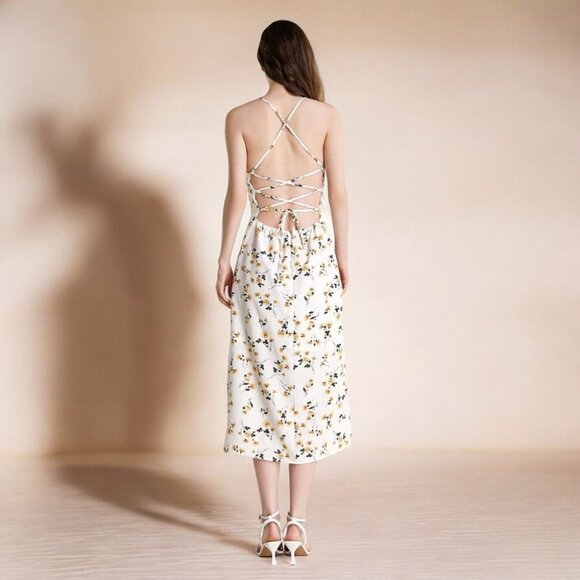 NWT J.ING Cream Floral Open Back Midi Dress - Picture 3 of 4